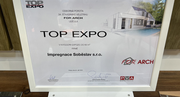 Ocenění TOP EXPO za veletržní stánek spol. Impregnace Soběslav na veletrhu FOR ARCH 2023